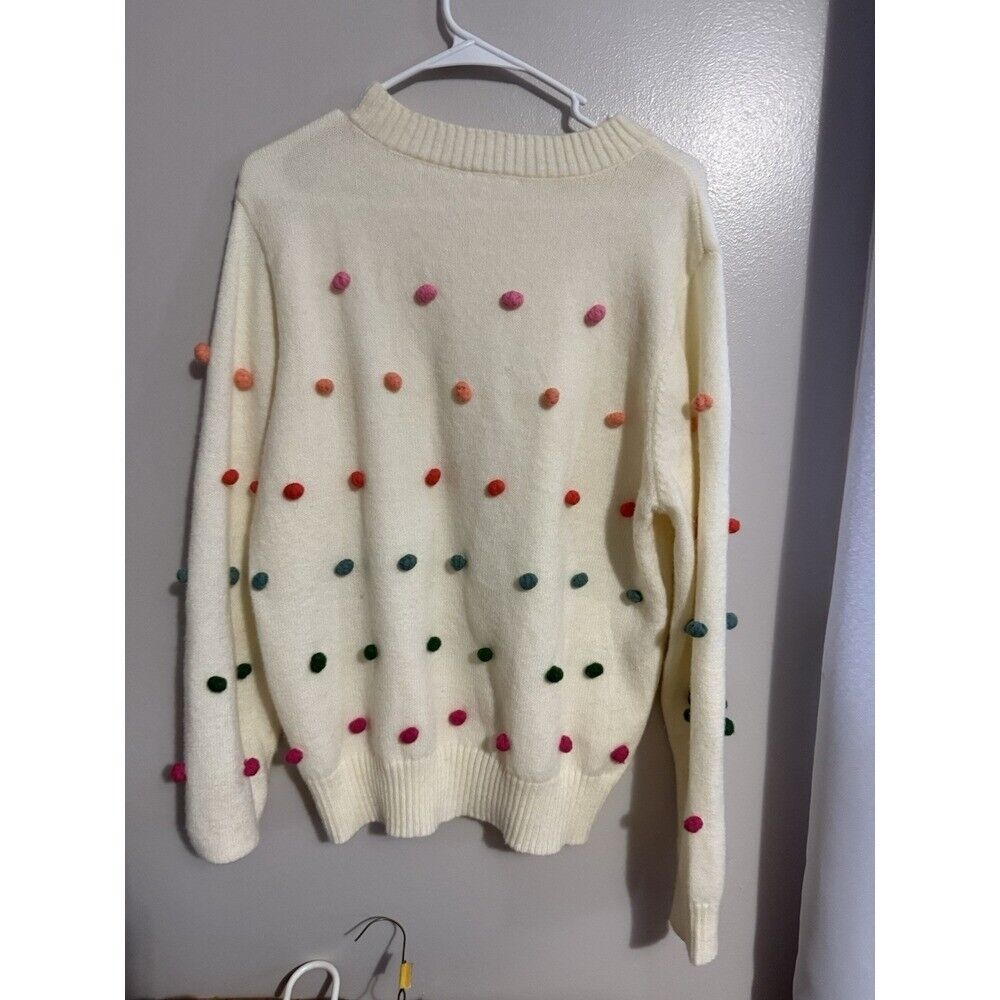 JODIFL Pom Pom Sweater Crewneck Pullover Knit Colorful Fun Cute Size L